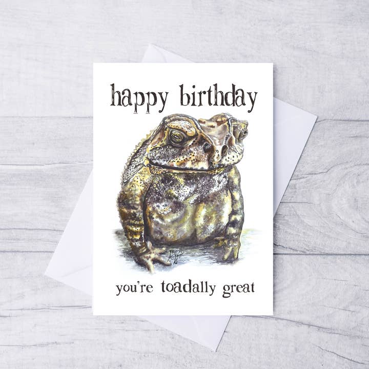 Toad Humorous Happy Birthday Folded Watercolor Card for wholesale by Art Reflects Light