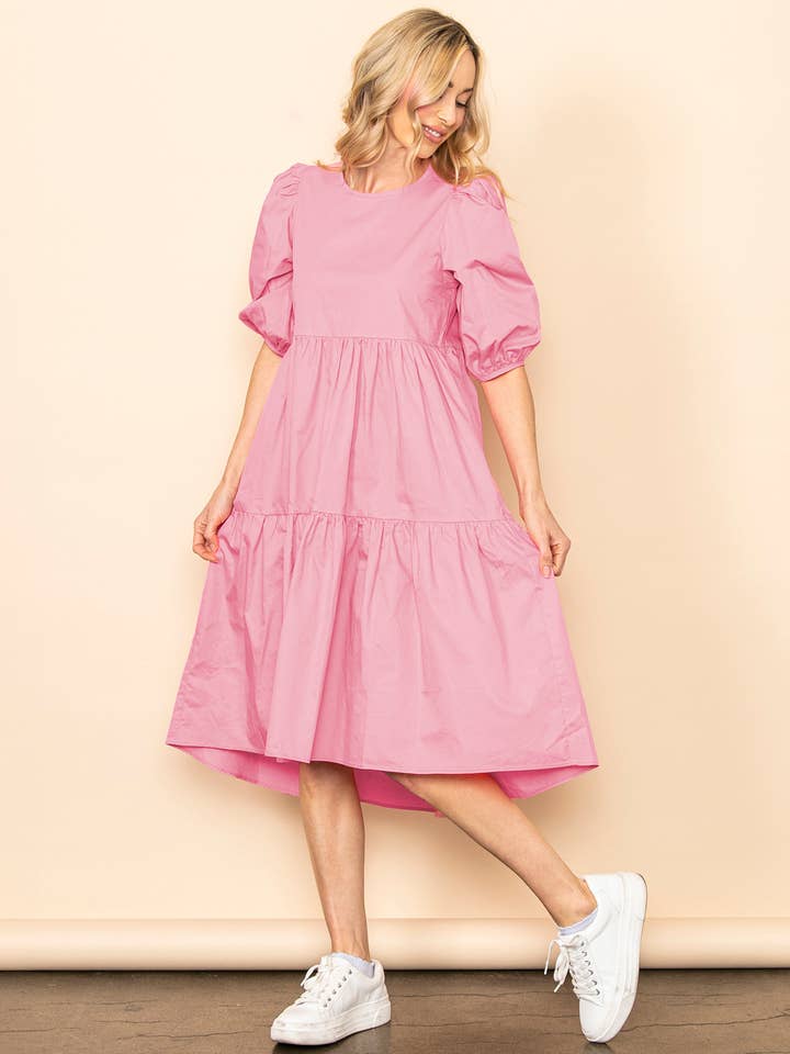 Elloh Collection - Wholesale Dress - Women's - SALE! Poplin Puff Sleeve Tiered Midi Dress with Pockets