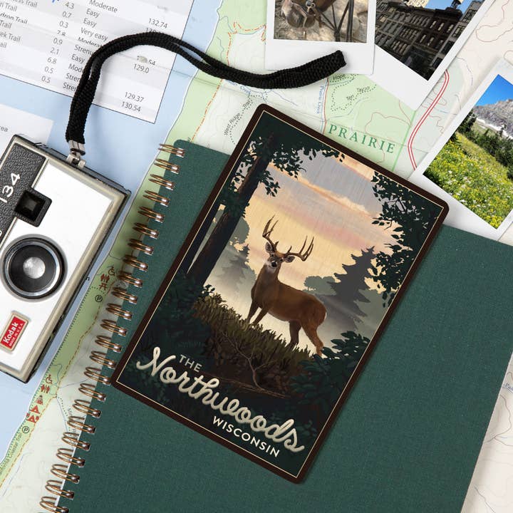 Lantern Press - Wholesale Postcard - WOOD POSTCARD Northwoods, Wisconsin, Deer & Sunrise