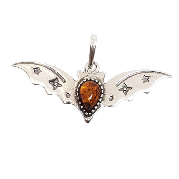 Pendentif en argent ambré Bat Cognac pour la vente par Amberman