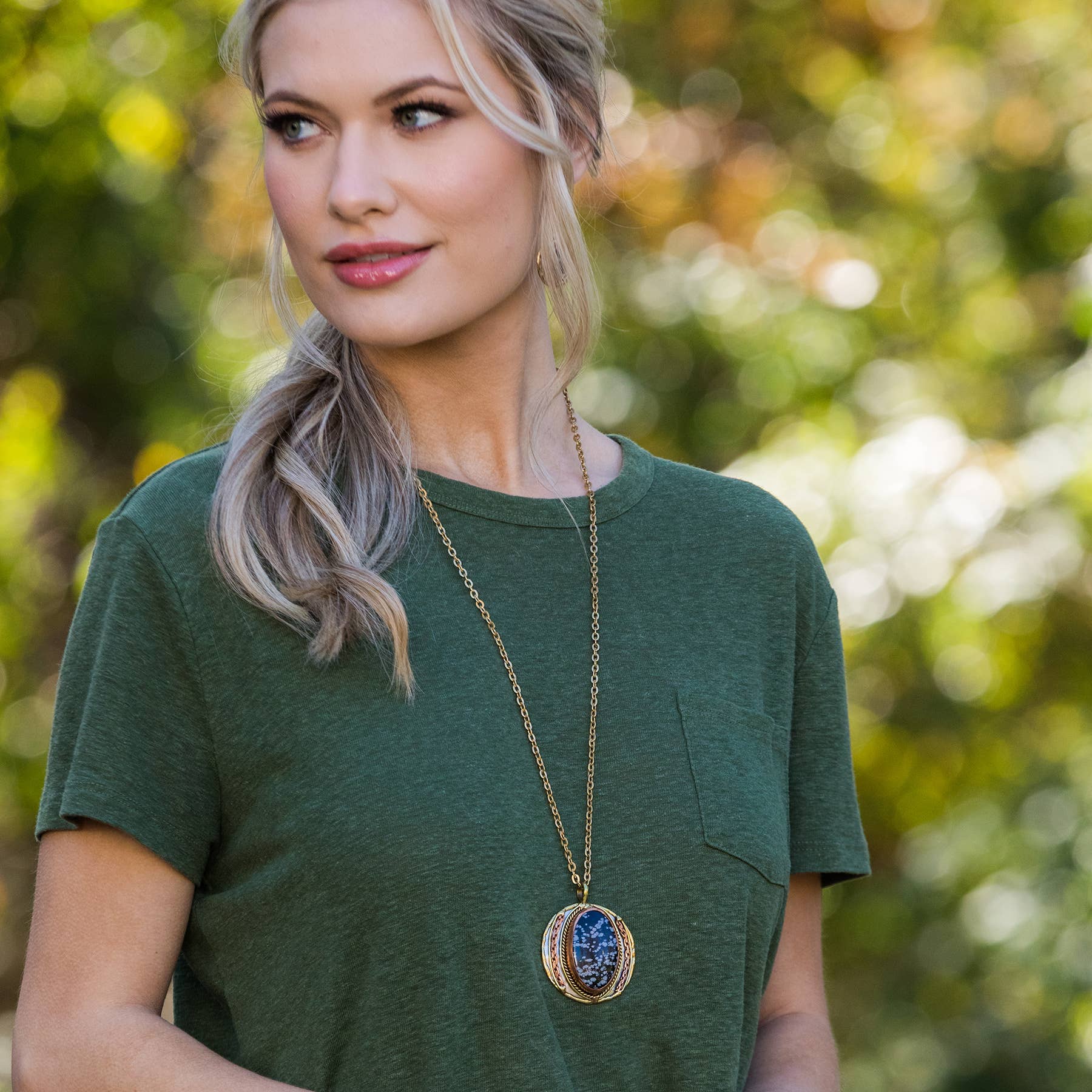 Anju Jewelry – wholesale Pendant/charm necklace – Mixed Metal and Snowflake Obsidian Stone Pendant with chain2