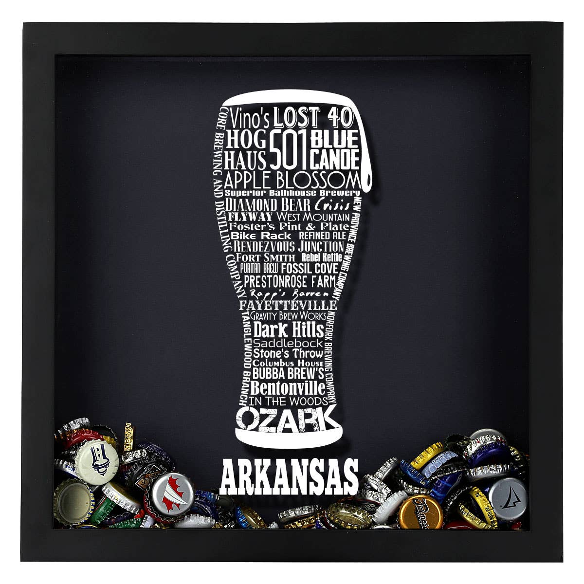 Torched Products - Vendita all'ingrosso Decorazione da parete 3D - State Beer Cap Shadow Box, nero, tipografia della birra artigianale3
