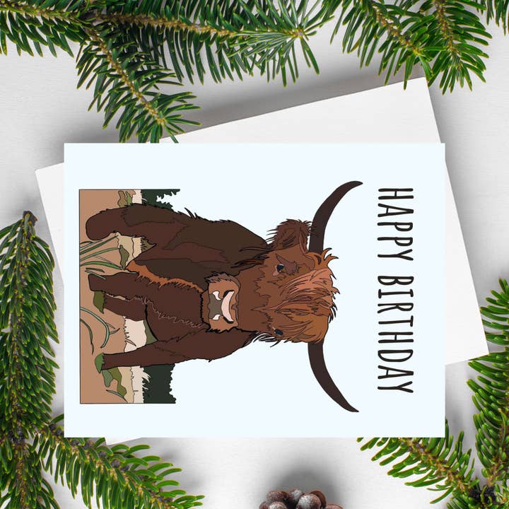 Tillykke med fødselsdagen | Skotsk højlandskvæg | Kort for engroshandel hos Artwork by Sophia