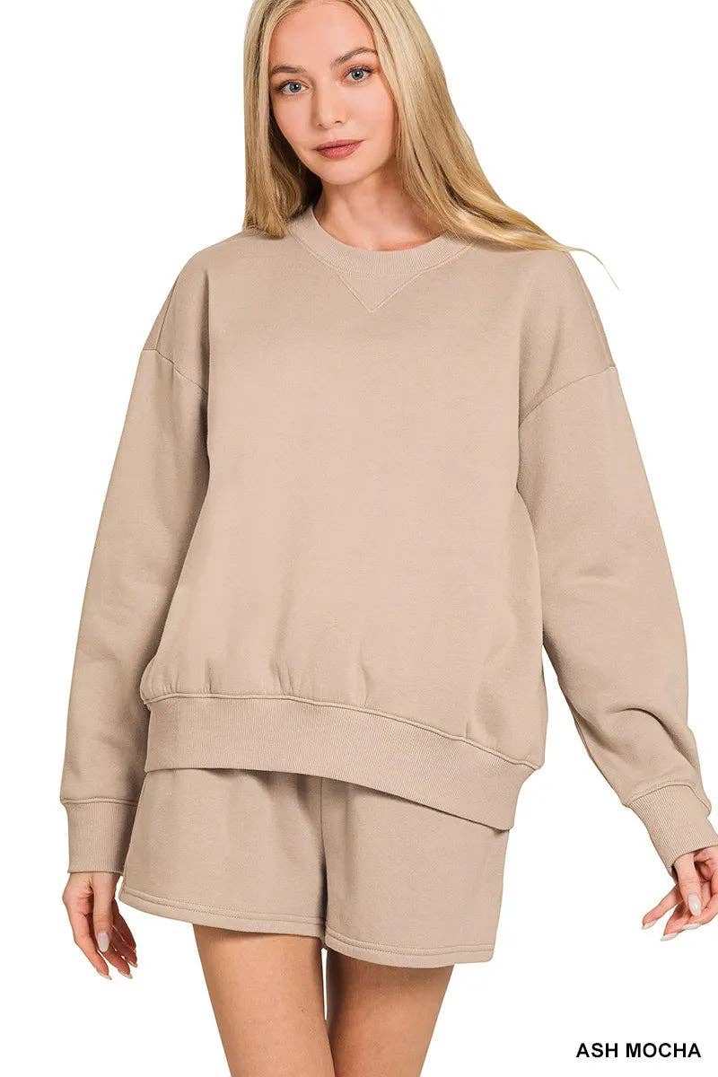 ASH MOCHA Zenana Fleece Long Sleeve Sweatshirts & Shorts Set for wholesale on Faire0