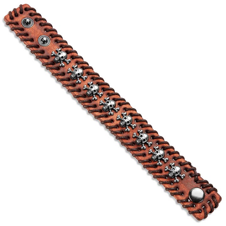West Coast Jewelry - Wholesale Cuff Bracelet - Stitched Edges Skull Studs Brown Leather Cuff Bracelet2