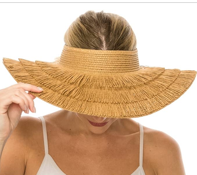 NATURAL Beachy crownless sun visor hat with layers of fringe for wholesale on Faire2