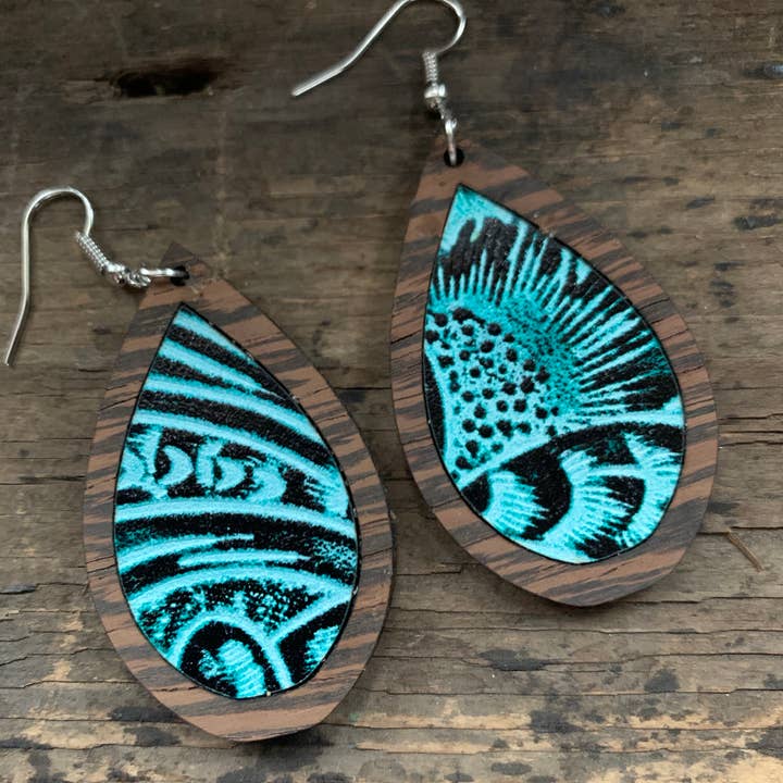 Jill's Jewels - Wholesale Dangle Earrings - Wood Teardrop Earrings with Teal Western Floral Leather