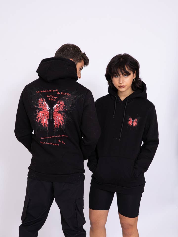 Unisex “Pink Butterfly” Print Hoodie - Black for wholesale by AARHON