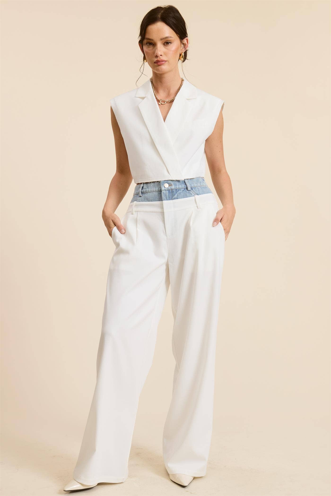 Mimosa - Wholesale Outerwear Vest - Women's - Cropped Collared Vest with Raw Hem5