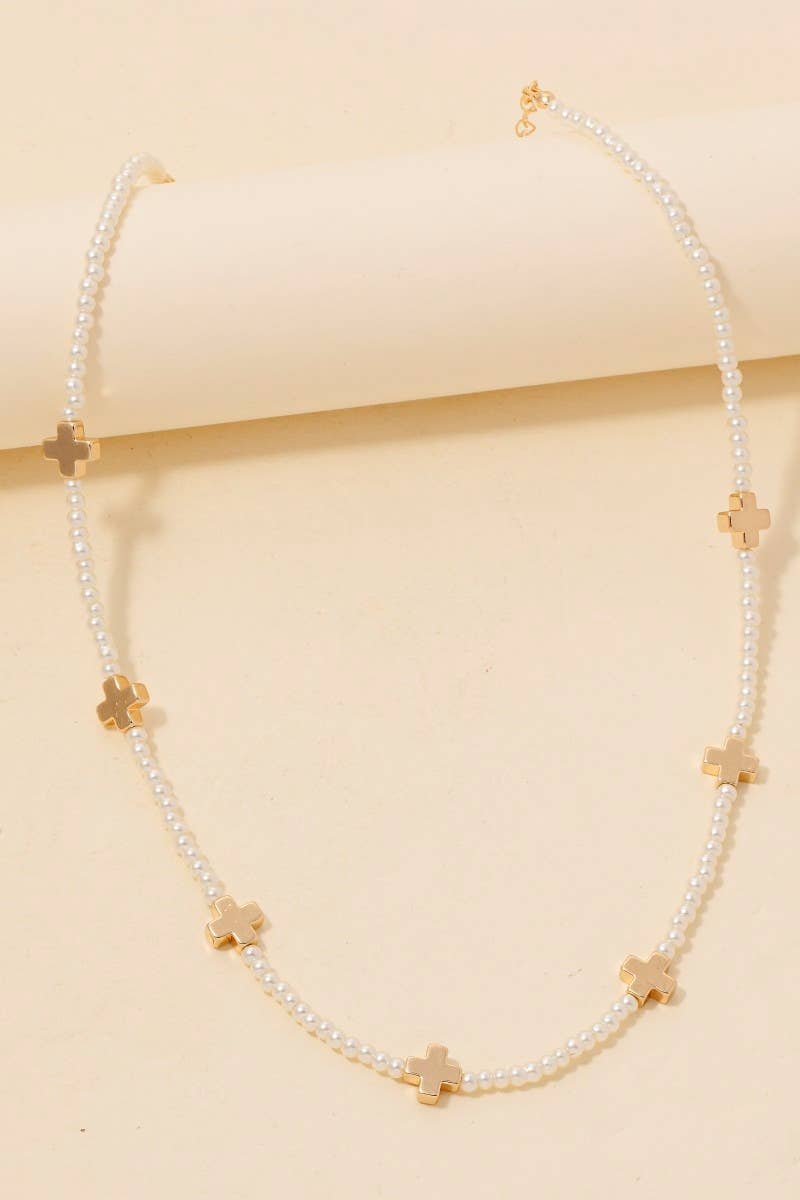 GD Metallic Cross Charms Pearl Beaded Necklace for wholesale on Faire0
