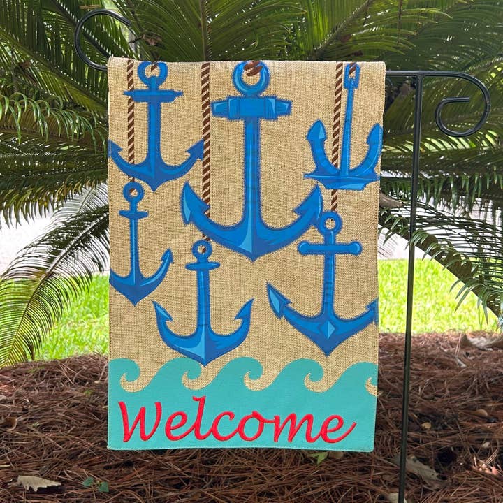 Anchors Set Welcome Burlap 2-Sided Garden Flag 12.5x18" for wholesale by JEC Home Goods Inc