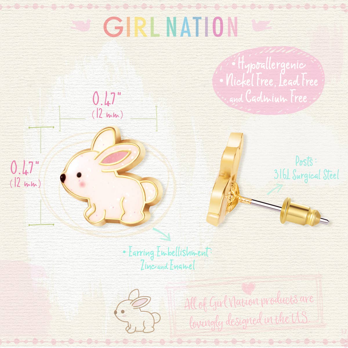 Girl Nation | Kids Jewelry | Easter Gifts - Wholesale Earrings - Kids - Glitter Rabbit | Cutie Stud Earrings | Easter 2026
2