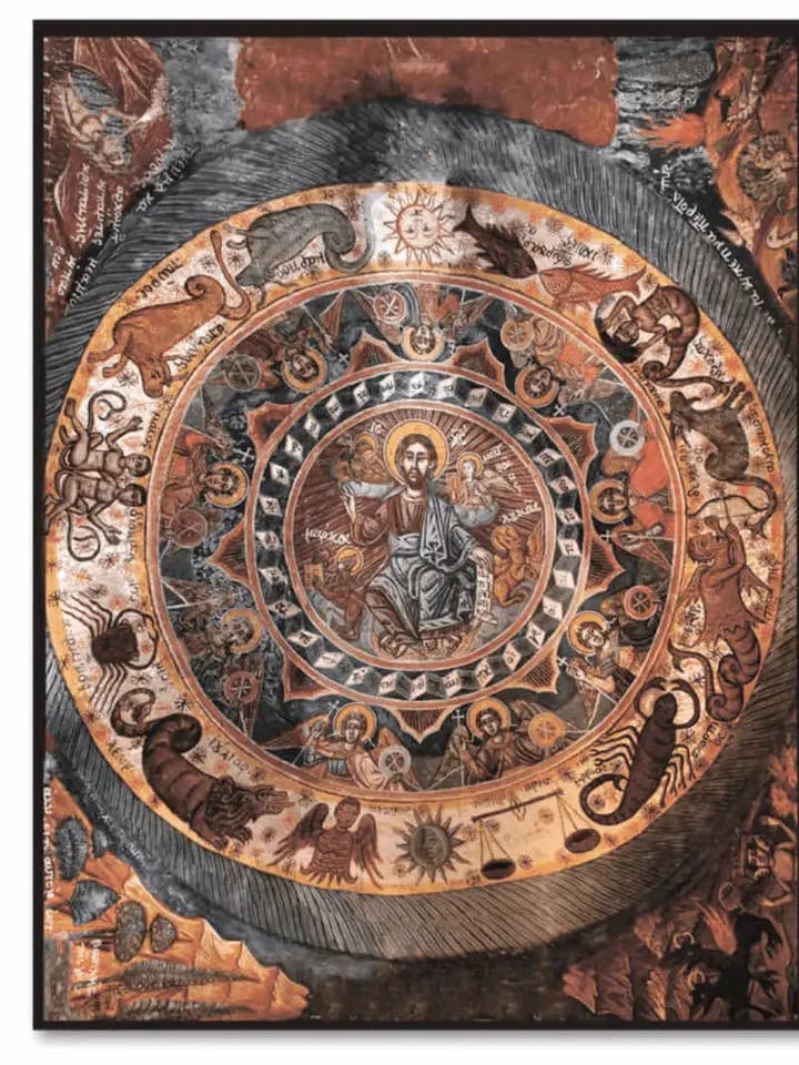 Christus Pantokrator Ikone – Umgeben von Tierkreiszeichen, Engeln und Evangelisten, orthodoxes Fresko aus dem 19. Jahrhundert für den Großhandel von Iconsofsaints