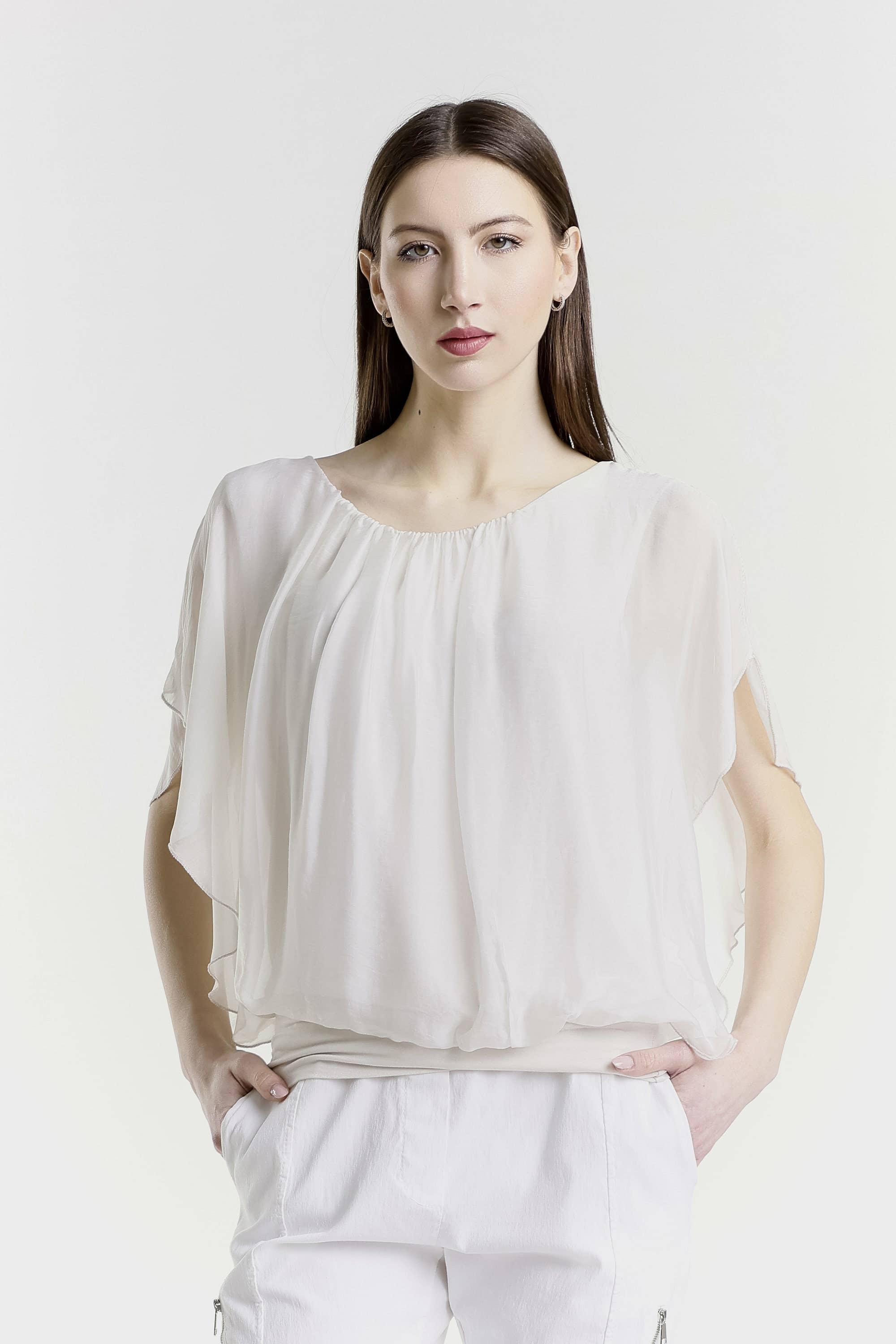 TINA Stephens Italy/Tees By Tina – Engroshandel Bluse - Dame – Aurora Flutter Fly Sleeve Silke Top m/Band Bund (BSS202)16