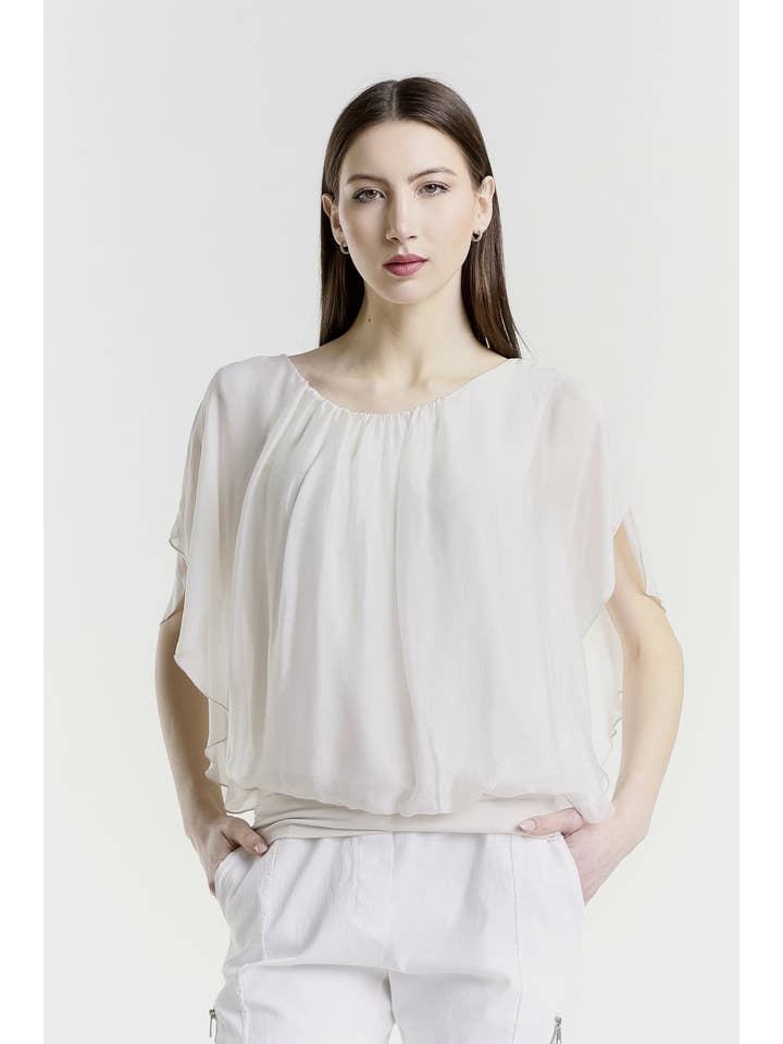 TINA Stephens Italy/Tees By Tina – Engroshandel Bluse - Dame – Aurora Flutter Fly Sleeve Silke Top m/Band Bund (BSS202)16