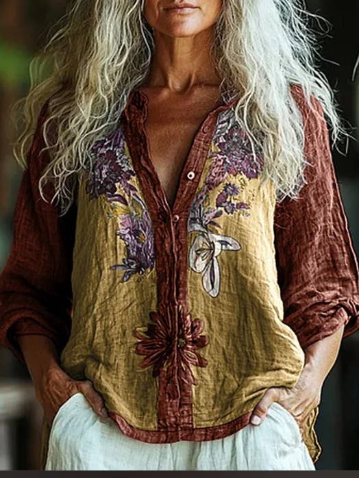 Rosa Clothing - Wholesale Shirt - Women's - Women Vintage Floral Print Long Sleeve Casual Boho Blouse44