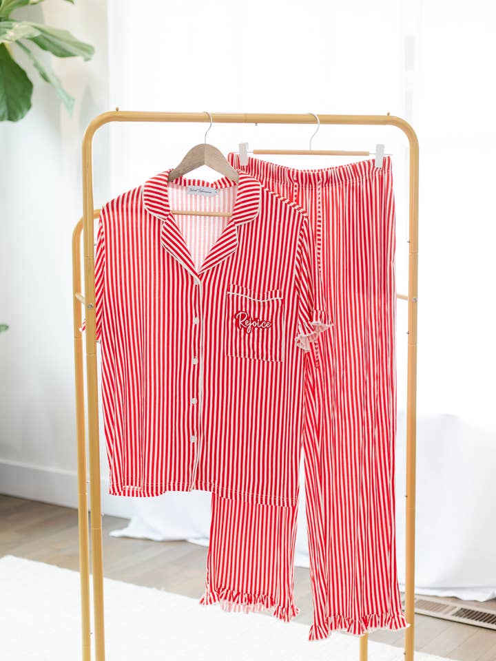 Girls Christmas Red Stripes Embroidered Pajama Pants Set - Rejoice for wholesale by Word Warriors