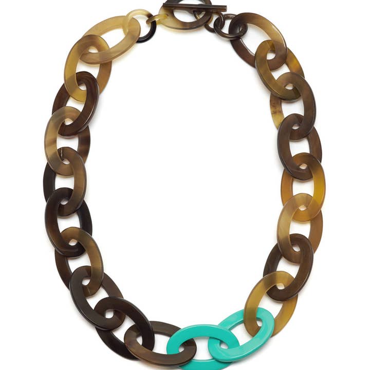 Brown natural and Aquamarine Mid length oval link necklace for wholesale by BRANCH JEWELLERY