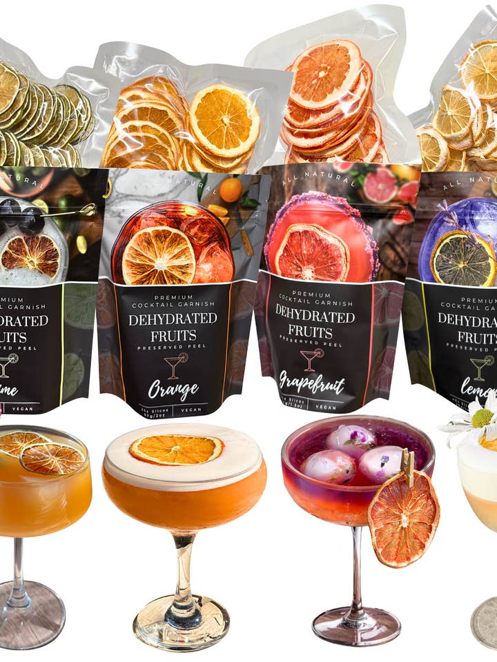 Save 10% ⎮ 4 PACK Dehydrated Fruits⎮ LIME - LEMON - ORANGE - GRAPEFRUIT⎮ PREMIUM COCKTAIL GARNISHES for wholesale by PRESERVED PEEL