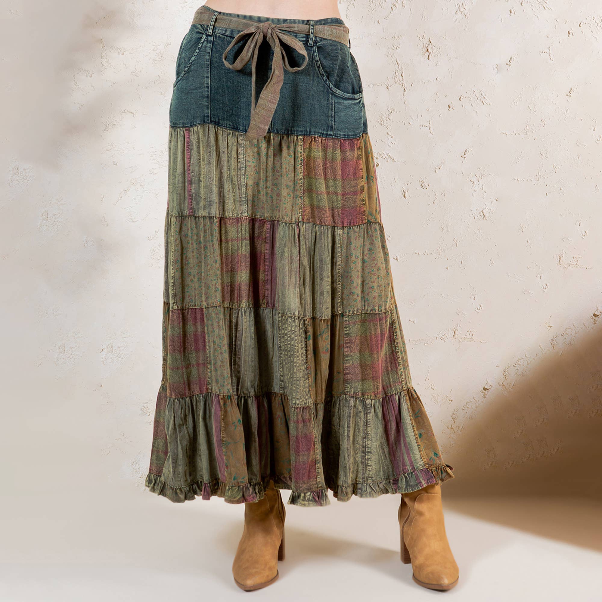 Young Threads - Wholesale Skirt - Women's - Western Boho Chic: Patchwork Belted Skirt  (New Color)6