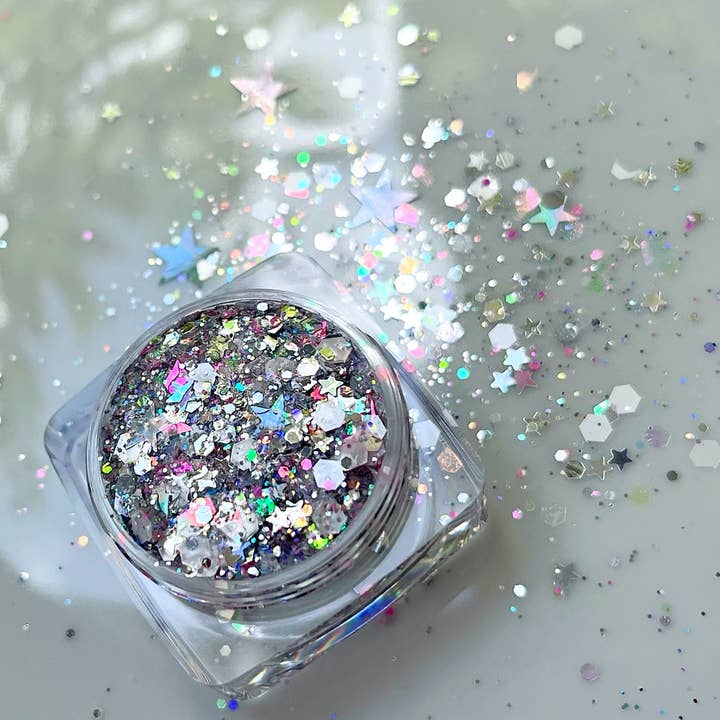 Nola Glitter Goddess - Wholesale Body Glitter/Shimmer - Silver Stars Disco Girl Face and Body Glitter Gel