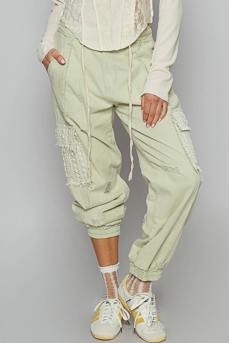 Pol Clothing - Wholesale Jeans - Women's - Tie waistband contrast crochet cargo pockets denim joggers12