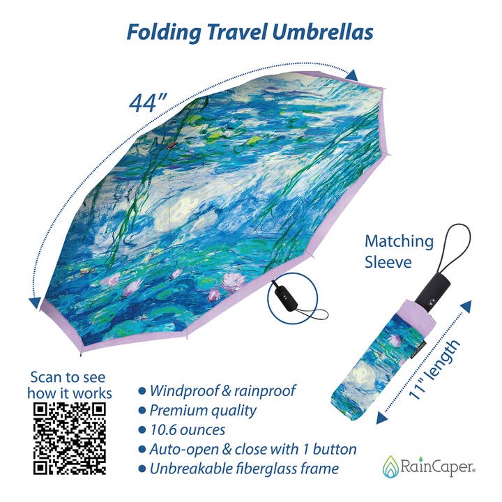 RainCaper - Wholesale Umbrella - Women's - Monet "Nympheas" Folding Travel Umbrella