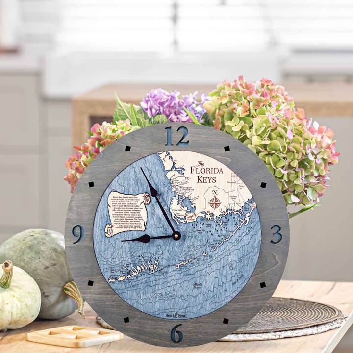The Florida Keys 3D Nautical Chart Wood Wall Clock-2 Levels for wholesale by Sea & Soul Nautical Chart Art