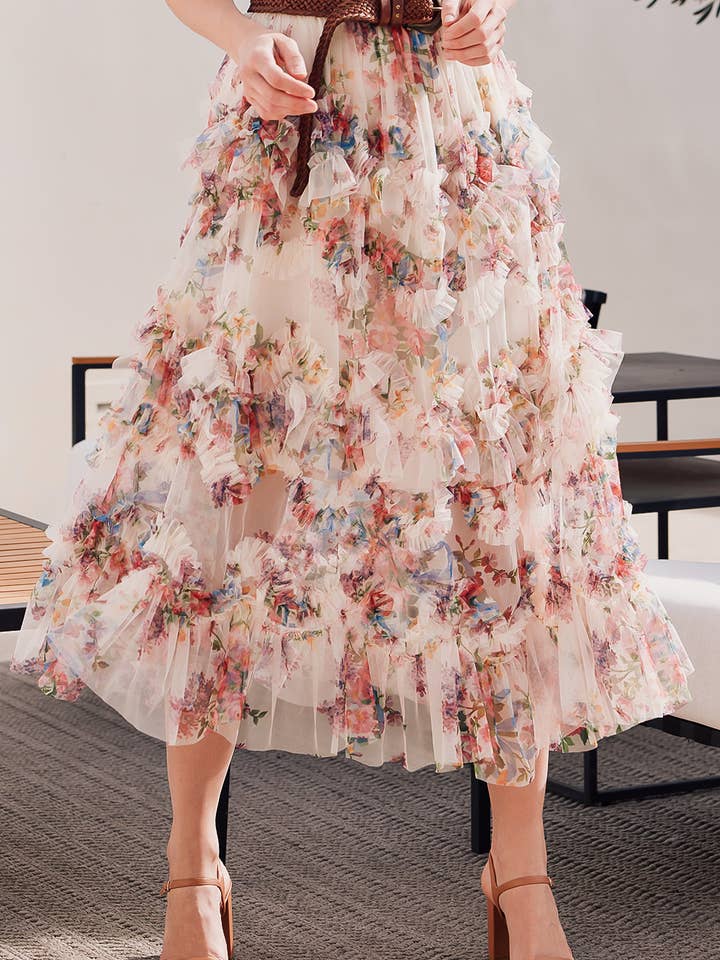 Bluivy - Wholesale Skirt - Women's - FLORAL RUFFLED MESH MIDI SKIRT