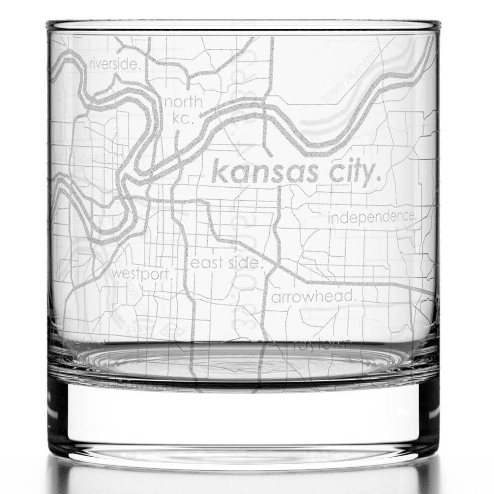 Well Told - Wholesale Cocktail/Liquor Glass - Kansas City, MO City Map - Etched Whiskey Rocks Glass0