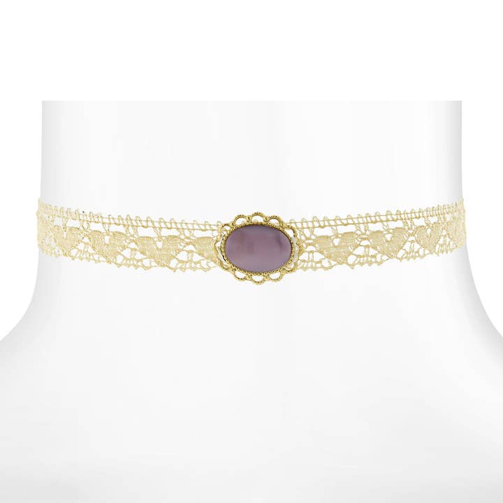 1928 Jewelry – wholesale Choker/collar – 1928 Jewelry Ivory Heart Lace Choker With Moonstone Necklace