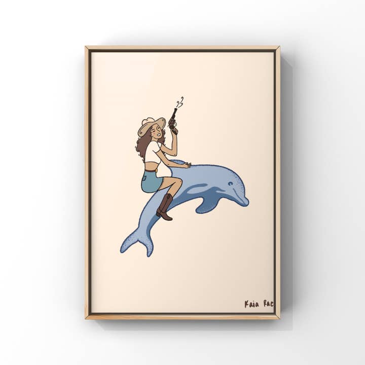 Ocean Wrangler Cowgirl Riding Dolphin Art Print for wholesale by Surf Cowboy