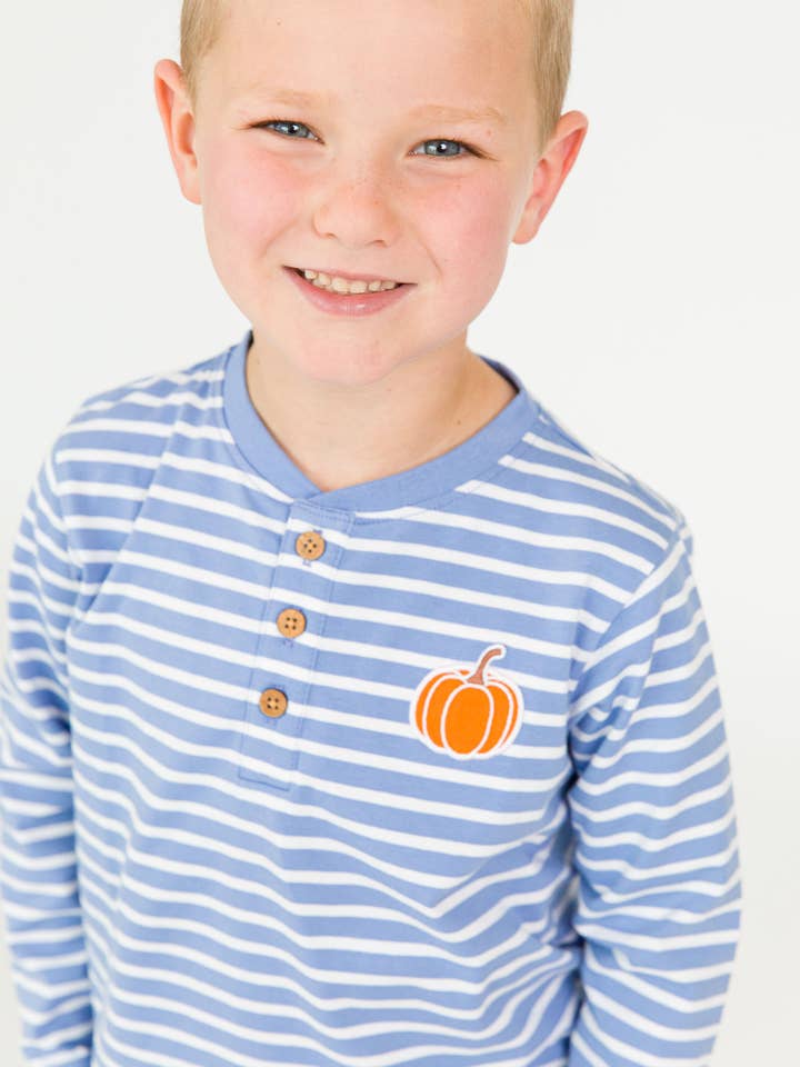Boys Pumpkin Periwinkle Blue Stripe Knit Long Sleeve Embroidered Henley Tee
for wholesale on Faire0