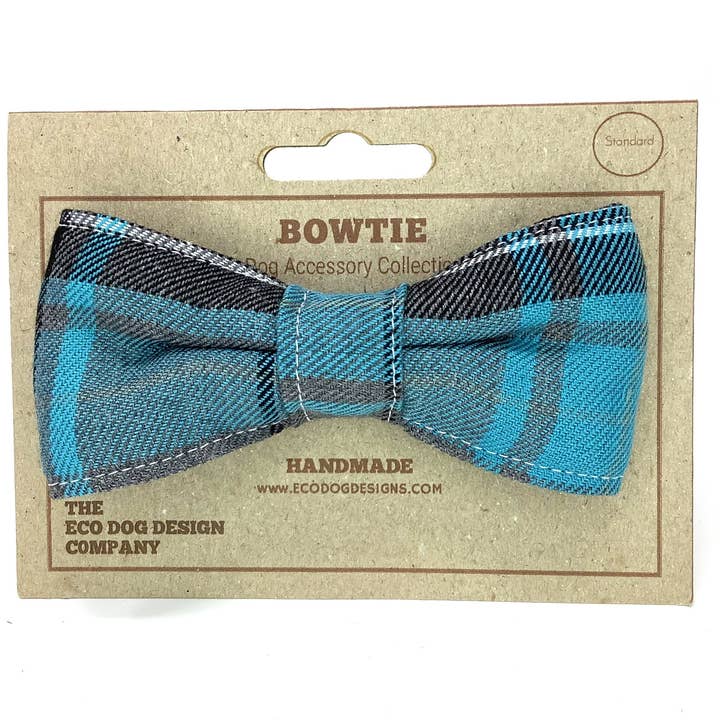 Teal Blue Turquoise And Grey Tartan Dog Bow Tie for wholesale by EcoDogDesigns