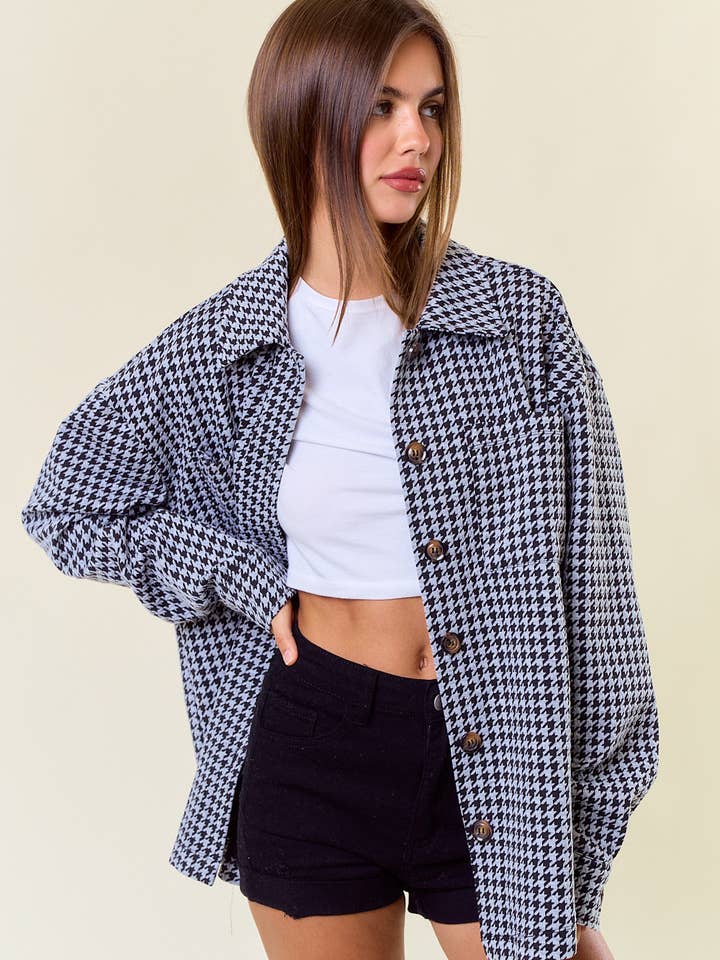 Houndtooth Jacquard Knit Button-Down Shaket - 10627J for wholesale by Doe and Rae