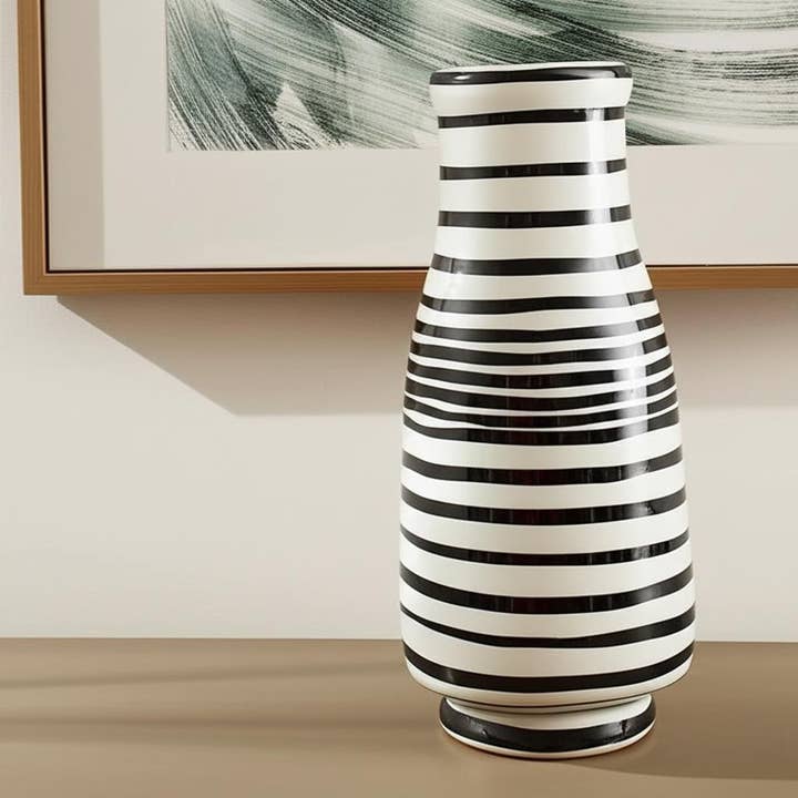 HomeRoots - Wholesale Vase - 18" Black And White Hand Painted Stripe Ceramic Table Vase1