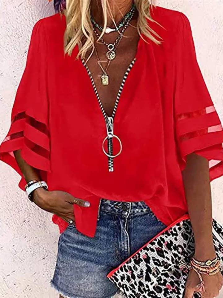 contrast mesh bell sleeve zip front chiffon top for wholesale by Queen Fashion