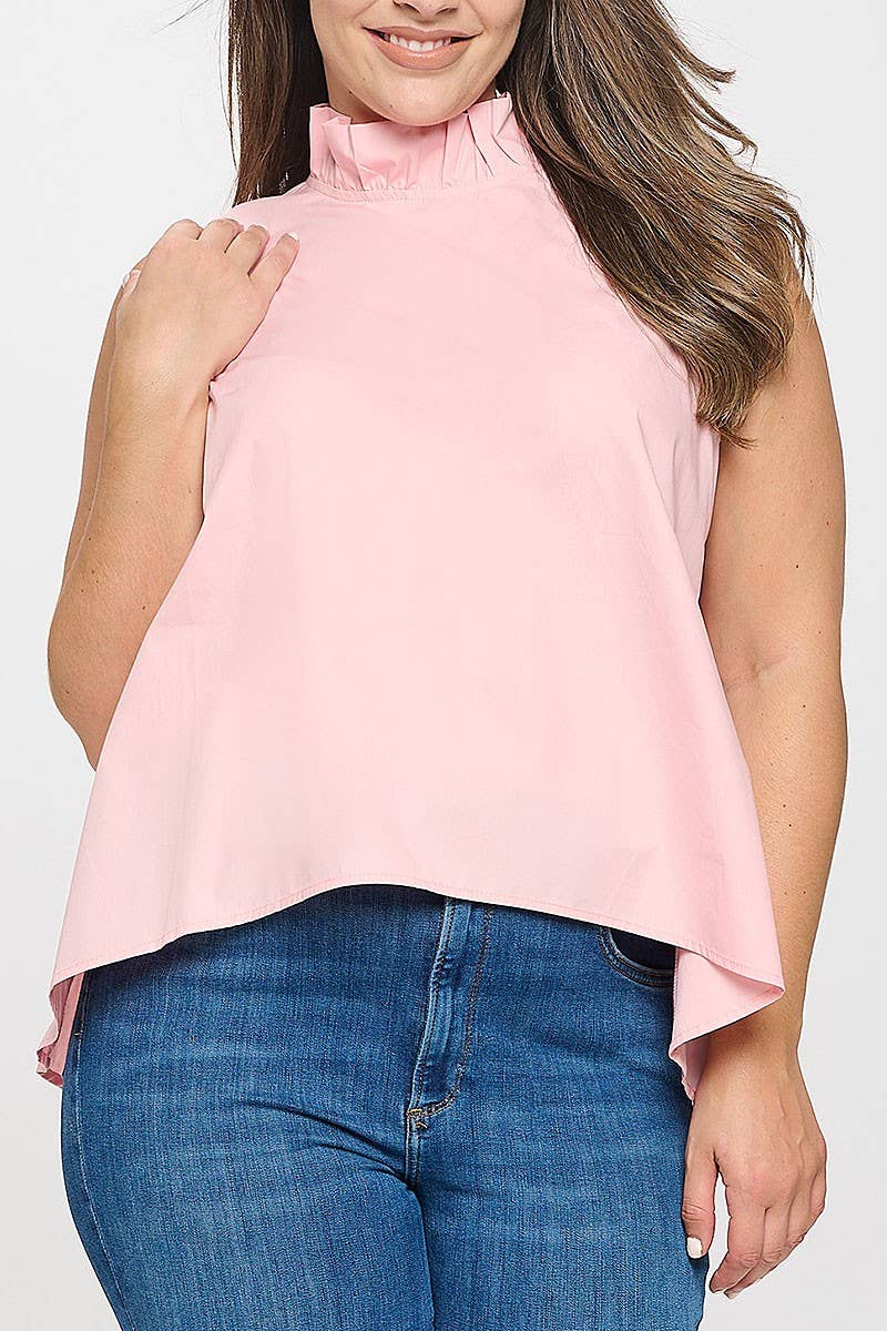 ROUSSEAU - Wholesale Blouse - Women's - PLUS SIZE SLEEVELESS RUFFLE NECK SOLID TOP3