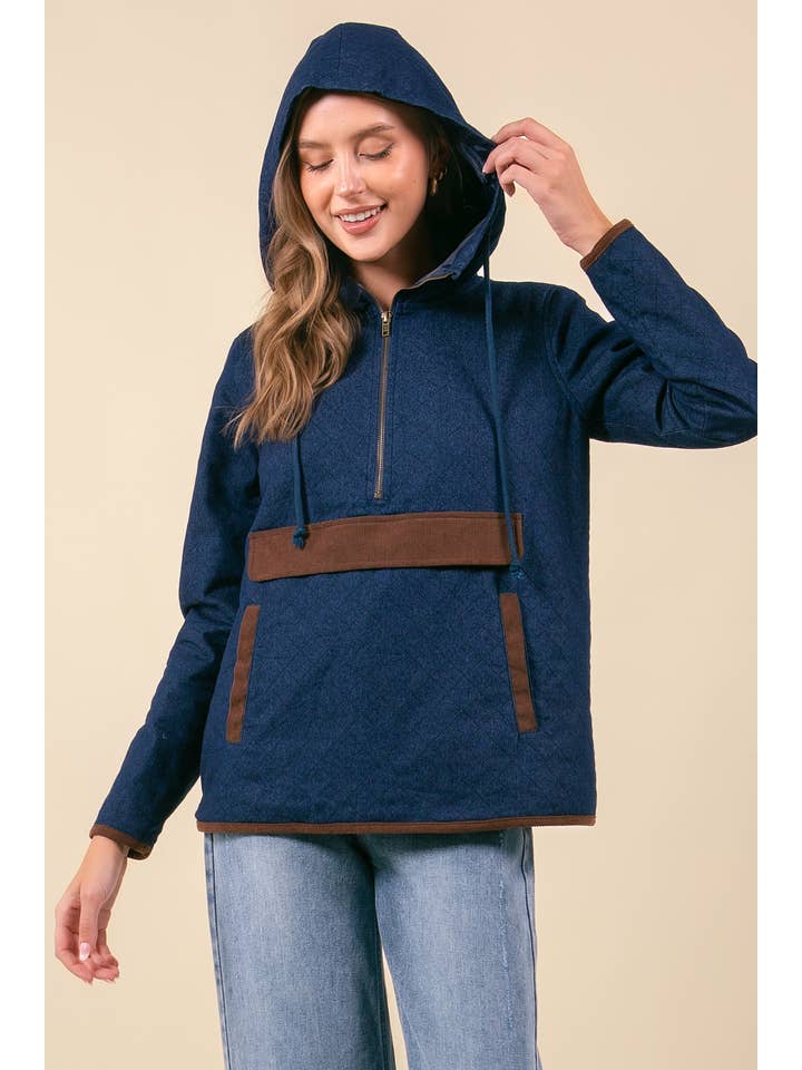 Doe and Rae - Wholesale Hoodie - Women's - Quilt Denim & Corduroy Mix Half Zip Hooded Anorak - 10632J1