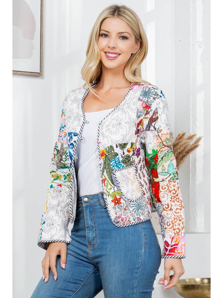 LA Soul - Wholesale Jacket - Women's - Floral Print Quilted Patch Cotton Jacket - White5