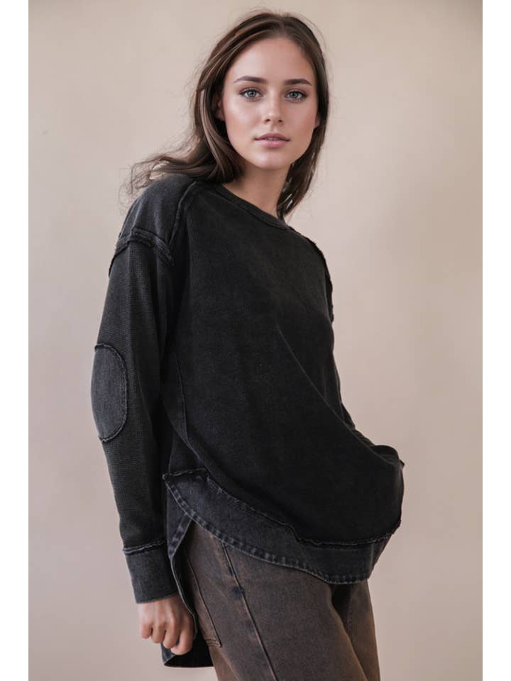 VERY J - Wholesale Knit Top - Women's - NT12234-Mineral Washed Elbow Patch Contrast Knit Top24