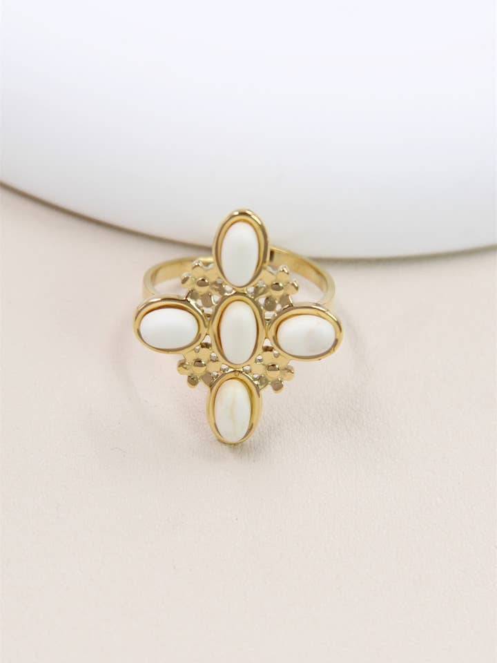 Floral Ring in Stainless Steel with Stones for wholesale by BELLISSIMA BIJOUX