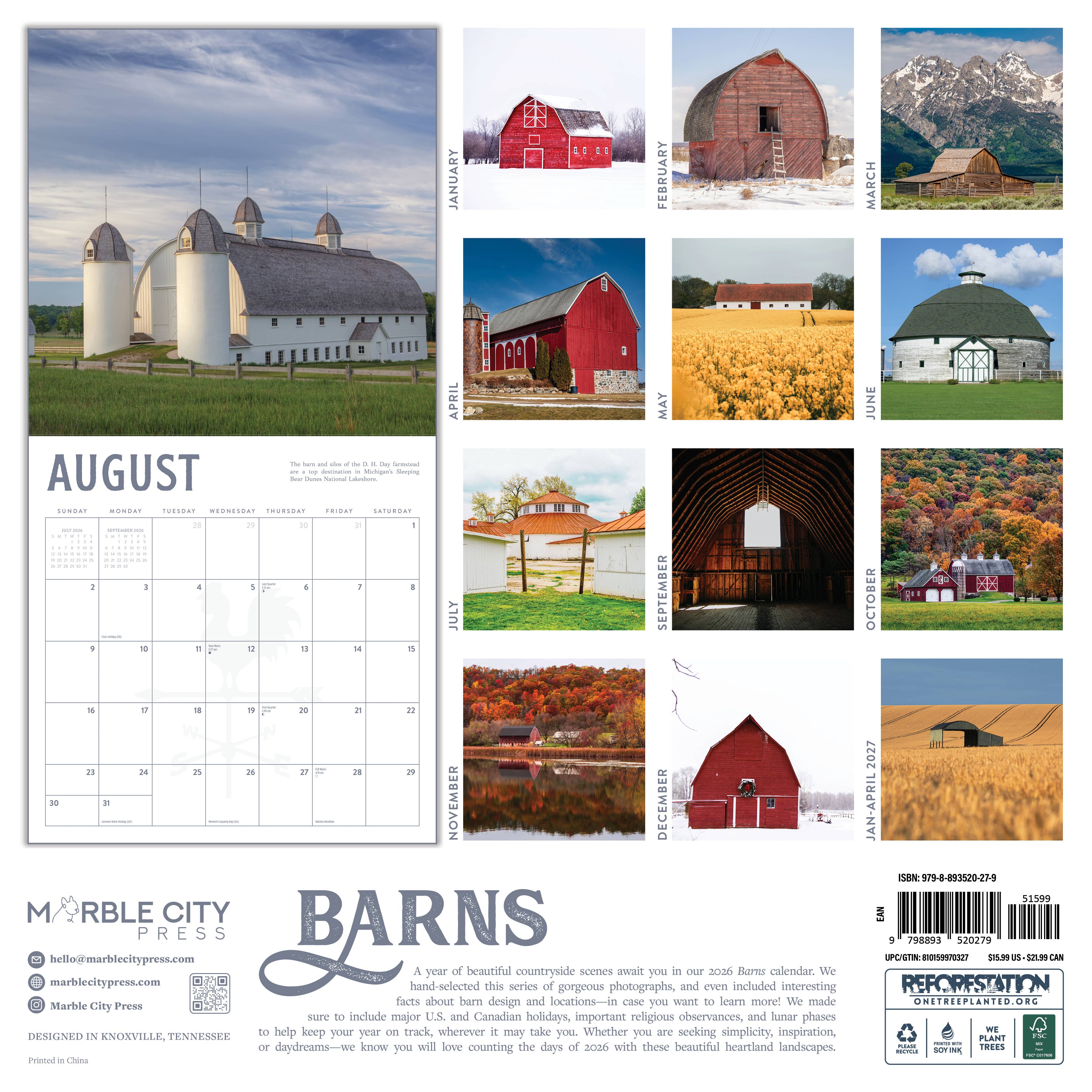 Marble City Press - Wholesale Calendar - Barns 2026 Wall Calendar Marble City Press1