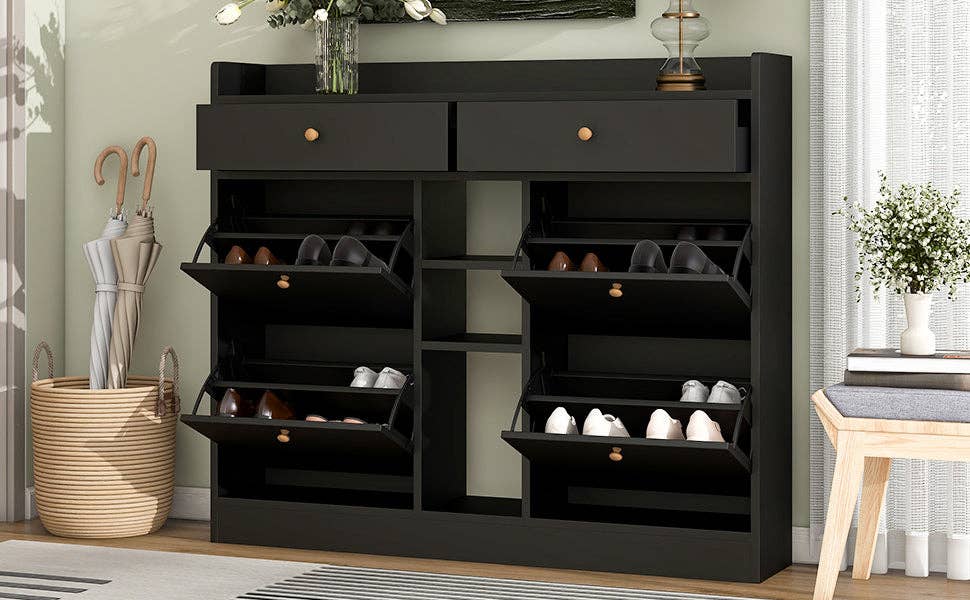 39F Inc. - Wholesale Shoe Rack - Modern Black Tipping Bucket Shoe Cabinet (4 Drawers, 2-Tier)18