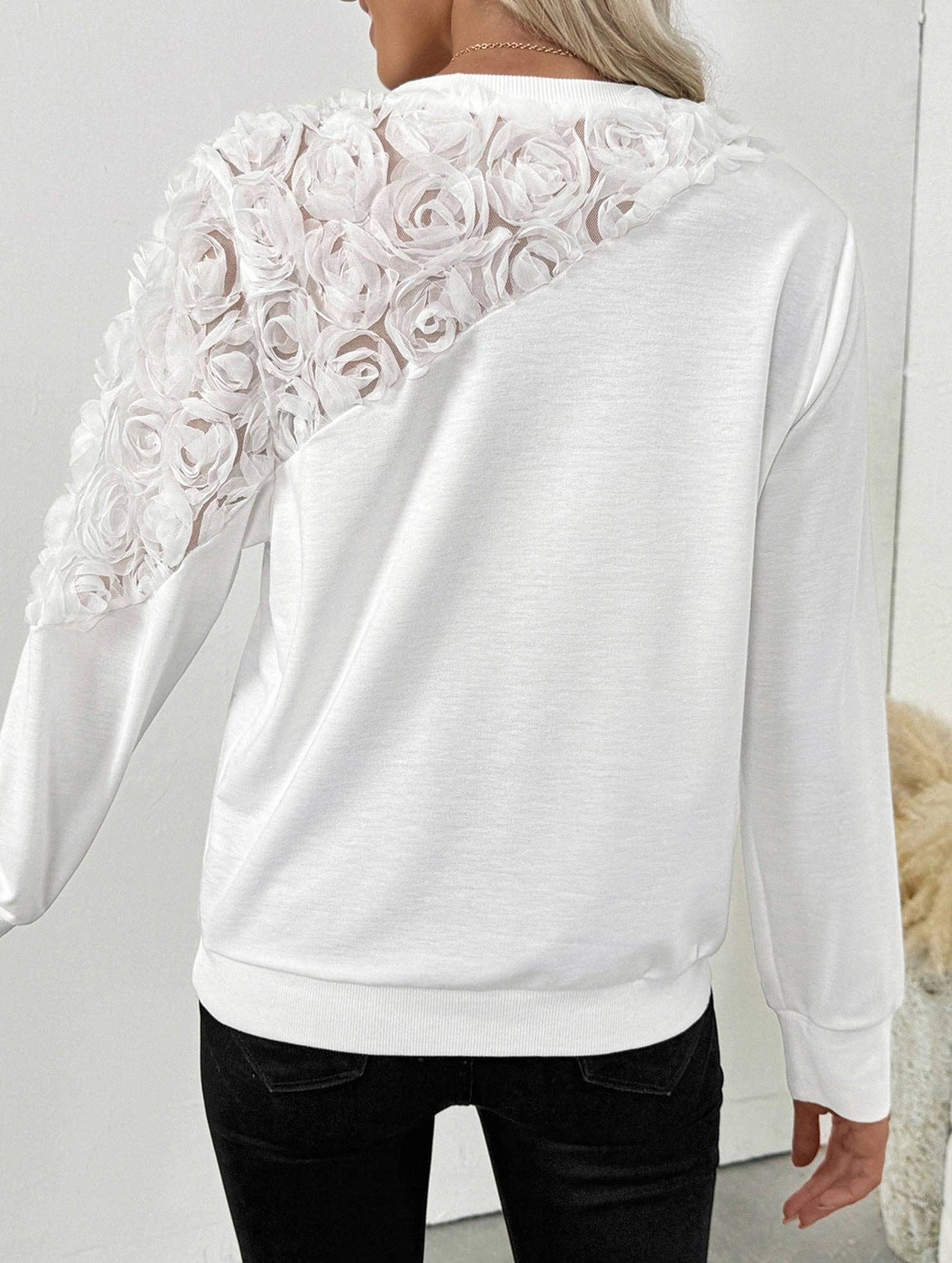 White Rose embellished long-sleeved solid color sweatshirt for wholesale on Faire1
