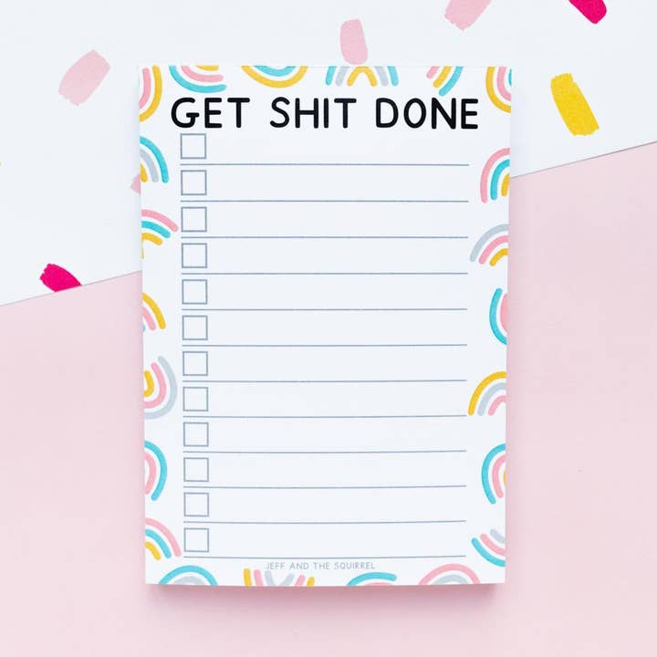 Get Shit Done Rainbow A6 Notepad | Recycled Stationery for wholesale by Jeff and the Squirrel