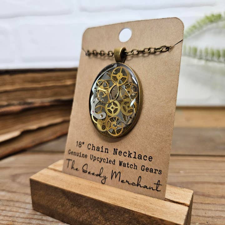 The Seedy Merchant - Wholesale Pendant/Charm Necklace - Steampunk Bronze Oval Necklace Upcycled Watch Parts Gears