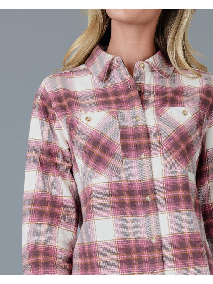 Berry Combo Madison Pink Plaid Long Sleeve Button DownShirt for wholesale on Faire