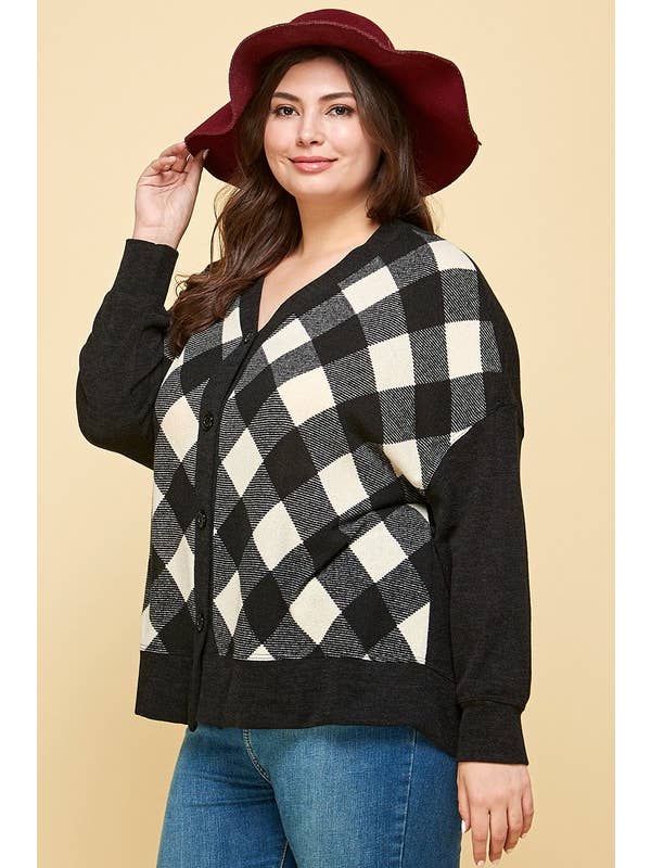 Emerald Collection - Wholesale Cardigan - Women's - ETK-8553-PL Plus Size Buffalo Plaid Knit Cardigan 5