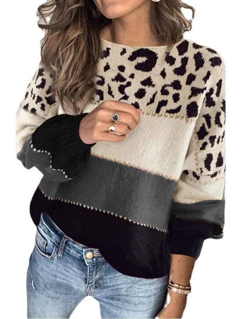 Masyal - Wholesale Knit Sweater - Women's - Leopard Print Colorblock Sweater with V-Neck5